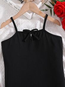 Chicas Vestido de tirantes unicolor con lazo delantero - Negro - Ver 3