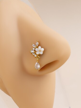 Popular Cubic Zirconia Flower Decor Nose Stud Copper Simple & Stylish For Women & Girls Unisex Valentines,Mom,Mother,Mother's Day,Gift