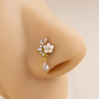 流行方晶锆石花朵装饰鼻钉铜质简约时尚适合女士和女孩男女通用情人节、妈妈、母亲、母亲节、礼物