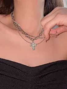 SHEIN ICON 水鑽十字架吊飾頸鏈 - 銀色 - 查看 1