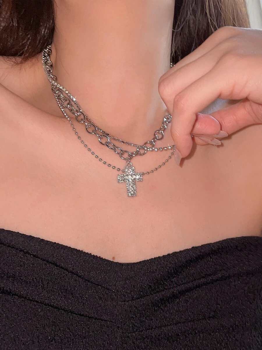 SHEIN ICON 水鑽十字架吊飾頸鏈 - 銀色 - 查看 1
