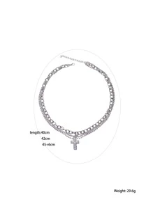 SHEIN ICON 水鑽十字架吊飾頸鏈 - 銀色 - 查看 3