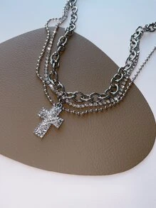 SHEIN ICON 水鑽十字架吊飾頸鏈 - 銀色 - 查看 4