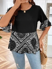 SHEIN LUNE 大碼佩斯利絲巾圖案荷葉袖荷葉邊下擺襯衫 - 黑與白 - 查看 4