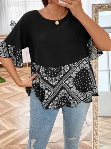 SHEIN LUNE 大碼佩斯利絲巾圖案荷葉袖荷葉邊下擺襯衫 - 黑與白 - 查看 3