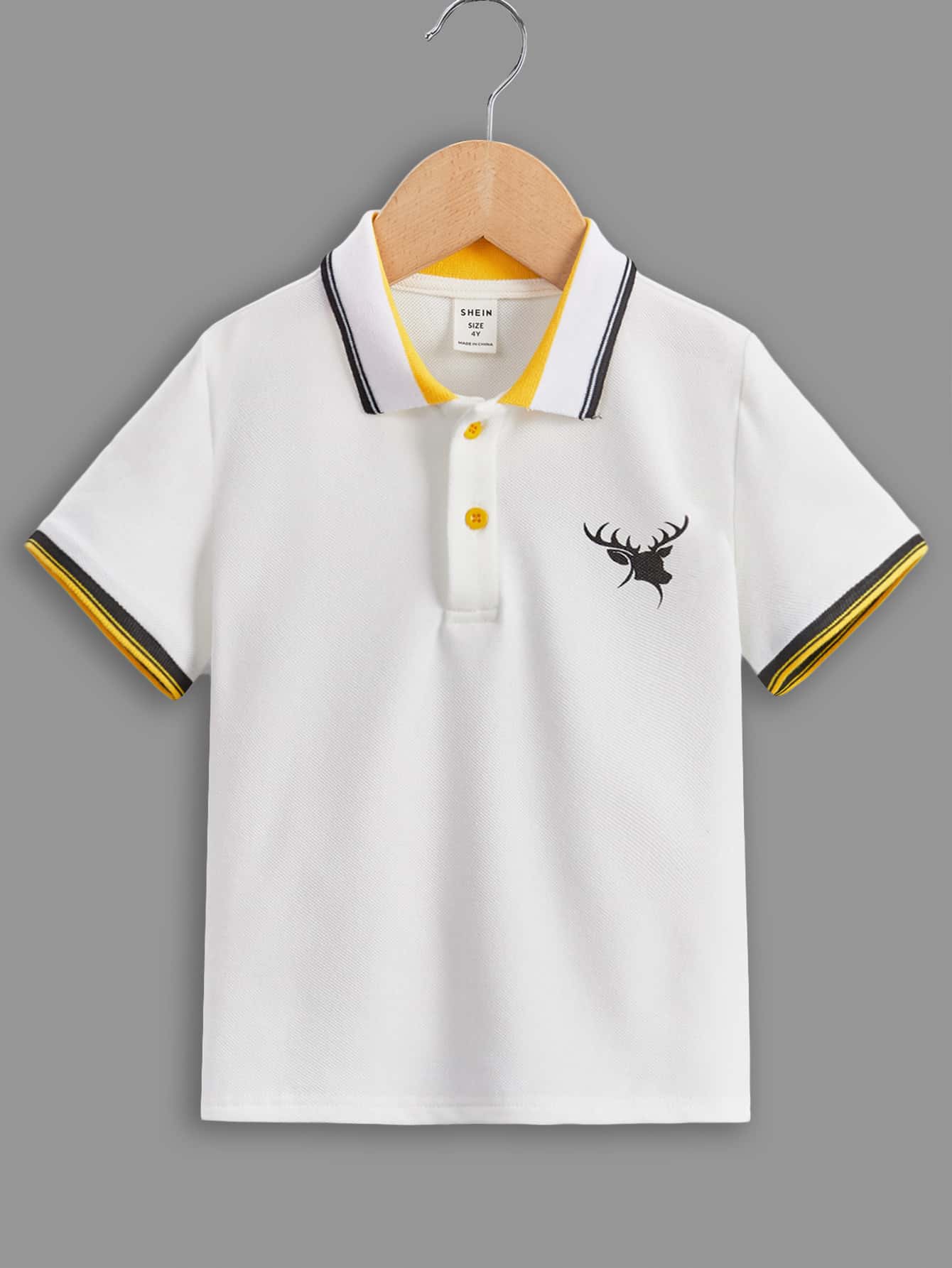 SHEIN Áo polo bé trai Tương phản ràng buộc Nút phía trước Thú vật Sọc Giải trí - trắng - Xem 1