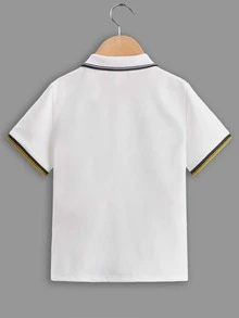 SHEIN Áo polo bé trai Tương phản ràng buộc Nút phía trước Thú vật Sọc Giải trí - trắng - Xem 2