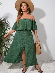 SHEIN VCAY Bộ thời trang Plus Size Tách cao Nút phía trước Xù Chấm bi Boho - Màu xanh lá cây đậm - Xem 1