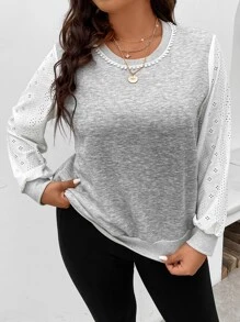 SHEIN LUNE Plus Eyelet Embroidery Sleeve Sweatshirt - Grey - View 1