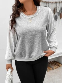 SHEIN LUNE Plus Eyelet Embroidery Sleeve Sweatshirt - Grey - View 3
