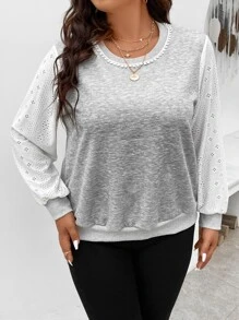 SHEIN LUNE Plus Eyelet Embroidery Sleeve Sweatshirt - Grey - View 5