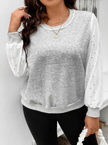 SHEIN LUNE Plus Eyelet Embroidery Sleeve Sweatshirt - Grey - View 6