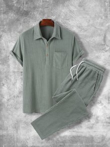 Manfinity Homme Men Pocket Patched Polo Shirt & Drawstring Waist Pants - Army Green - View 1