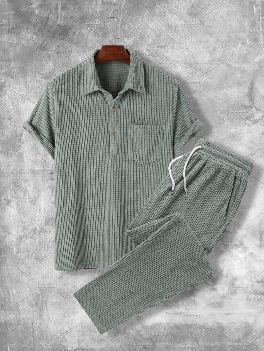 Manfinity Homme Men Pocket Patched Polo Shirt & Drawstring Waist Pants - Army Green - View 1