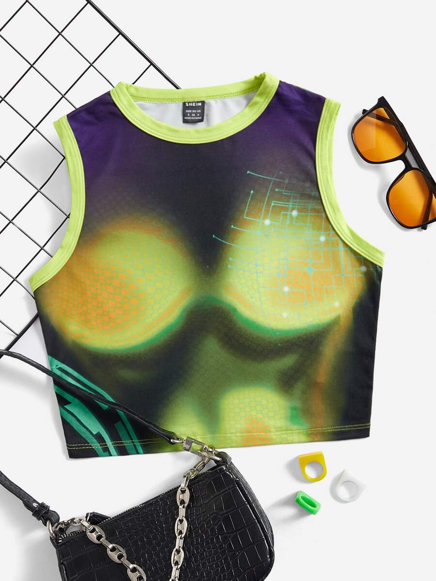 SHEIN ICON 身體熱成像印花撞色滾邊短款背心 - 彩色 - 查看 1