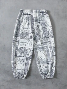 SHEIN 小男童佩斯利絲巾圖案長褲 - 黑與白 - 查看 2