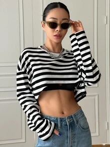 DAZY 条纹印花落肩短款 T 恤节日 - 黑與白 - 查看 4