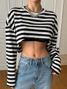 DAZY 条纹印花落肩短款 T 恤节日 - 黑與白 - 查看 8