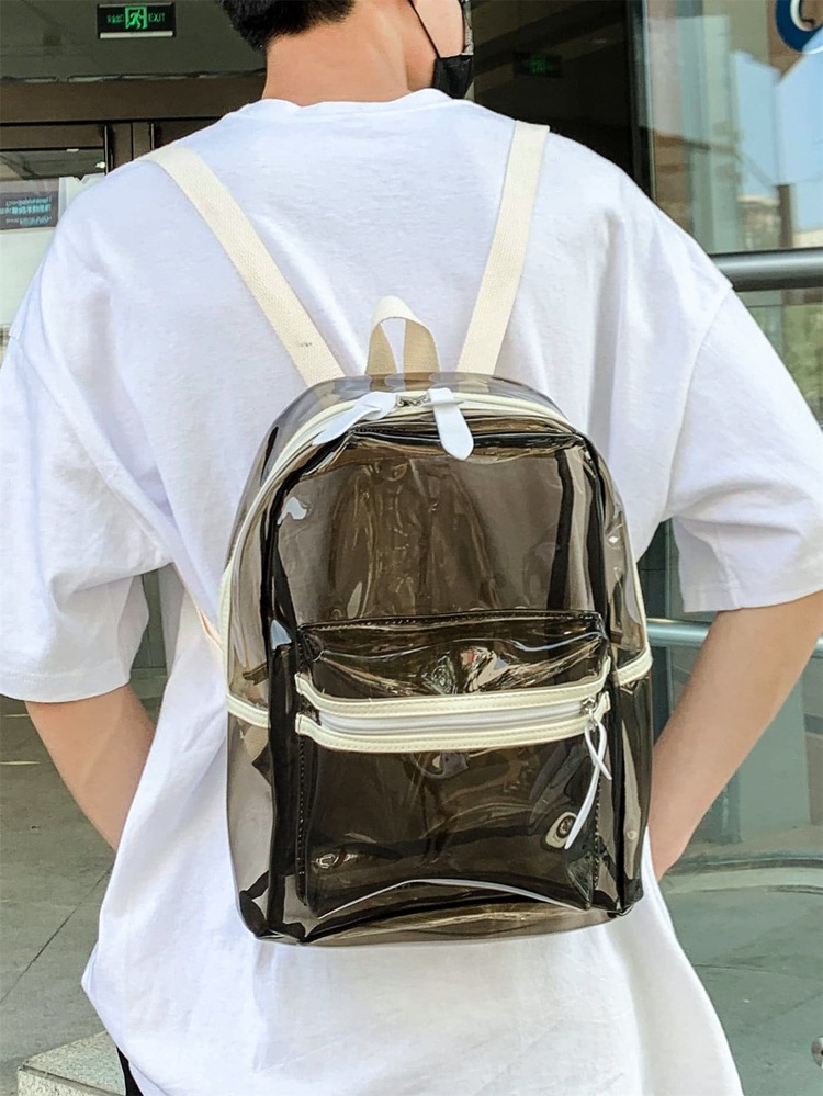 Men Clear Purse Mesh Panel Functional Backpack, Stadium Bag - Black - View 1