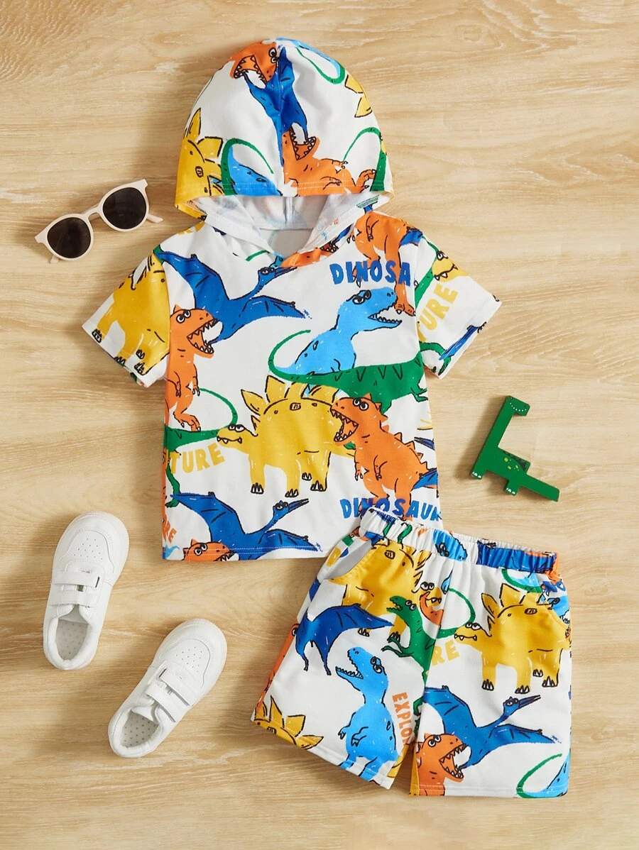 SHEIN Petit garçon Short & T-shirt à imprimé dinosaure dessin animé à capuche