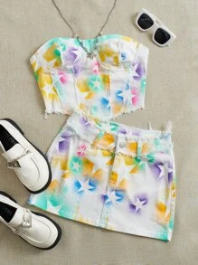 SHEIN EZwear 星星印花頭巾下擺牛仔抹胸上衣和半身裙 - 彩色 - 查看 1