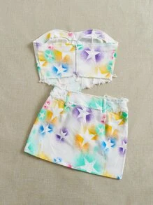 SHEIN EZwear 星星印花頭巾下擺牛仔抹胸上衣和半身裙 - 彩色 - 查看 2