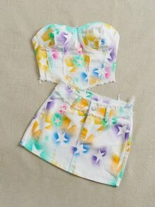 SHEIN EZwear 星星印花頭巾下擺牛仔抹胸上衣和半身裙 - 彩色 - 查看 4