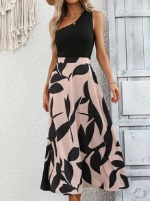 SHEIN LUNE Plants Print One Shoulder Dress - Multicolor - View 1