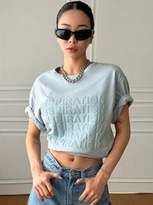DAZY Áo thun nữ Lá thư Giải trí - Màu xanh nhạt - Xem 4