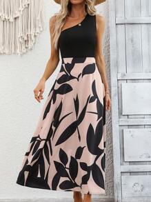 SHEIN LUNE Plants Print One Shoulder Dress - Multicolor - View 6