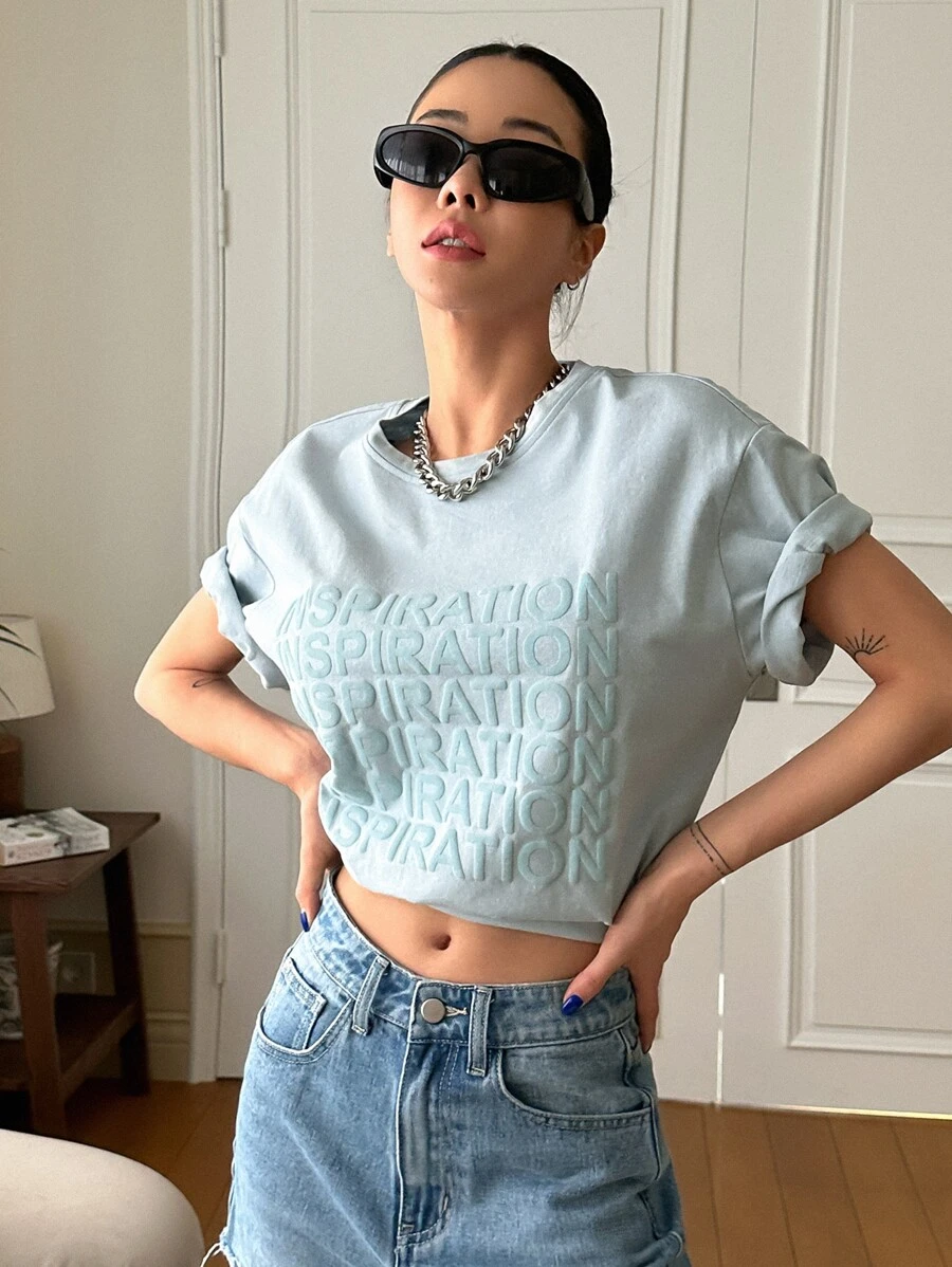 DAZY Áo thun nữ Lá thư Giải trí - Màu xanh nhạt - Xem 1