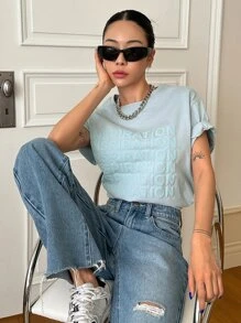 DAZY Áo thun nữ Lá thư Giải trí - Màu xanh nhạt - Xem 2