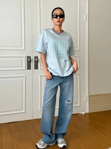 DAZY Áo thun nữ Lá thư Giải trí - Màu xanh nhạt - Xem 5