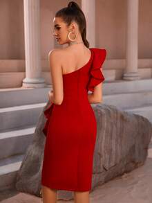 One Shoulder Flounce Slit Exaggerated Ruffle Cocktail Party Dress - Red - View 2