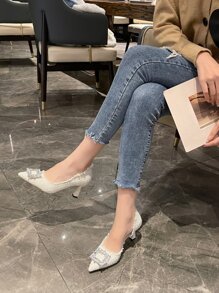 Rhinestone Decor Raw Trim Tweed Point Toe Pyramid Heeled Court Pumps, Beige Party Shoes For Women With Rhinestone Embellishments, High Heel - Beige - View 4