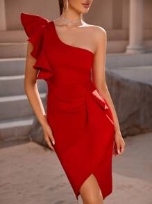 One Shoulder Flounce Slit Exaggerated Ruffle Cocktail Party Dress - Red - View 3