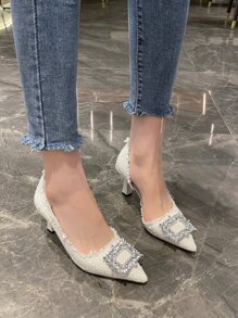 Rhinestone Decor Raw Trim Tweed Point Toe Pyramid Heeled Court Pumps, Beige Party Shoes For Women With Rhinestone Embellishments, High Heel - Beige - View 5