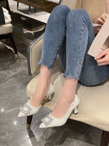 Rhinestone Decor Raw Trim Tweed Point Toe Pyramid Heeled Court Pumps, Beige Party Shoes For Women With Rhinestone Embellishments, High Heel - Beige - View 6
