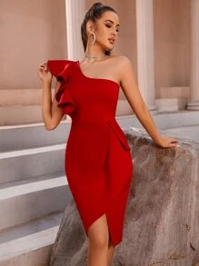 One Shoulder Flounce Slit Exaggerated Ruffle Cocktail Party Dress - Red - View 6