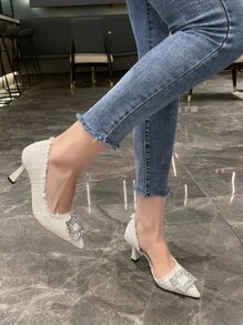 Rhinestone Decor Raw Trim Tweed Point Toe Pyramid Heeled Court Pumps, Beige Party Shoes For Women With Rhinestone Embellishments, High Heel - Beige - View 8