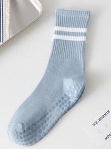 Striped Pattern Grip-Sole Crew Socks - Dusty Blue - View 1