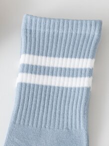 Striped Pattern Grip-Sole Crew Socks - Dusty Blue - View 3