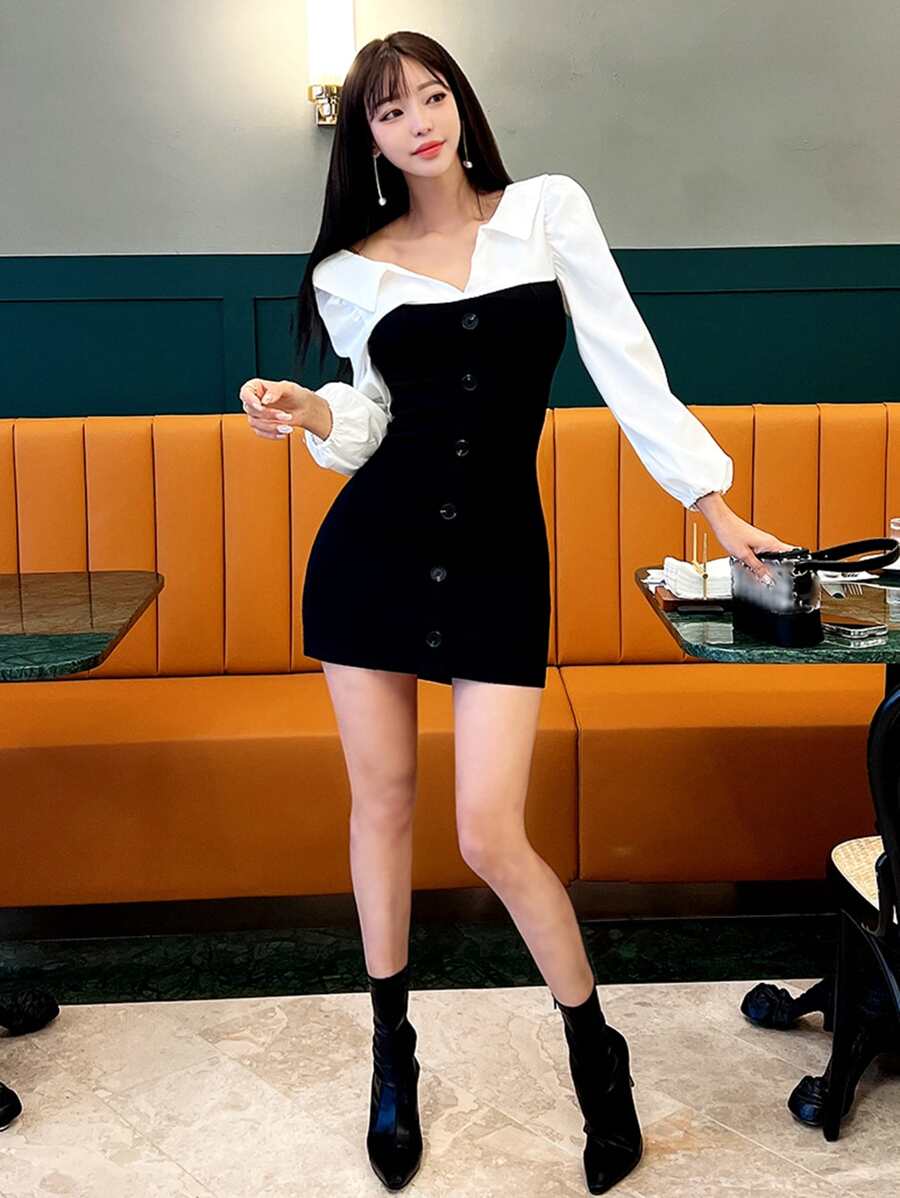 DAZY 雙色前紐扣緊身連衣裙 - 黑與白 - 查看 1