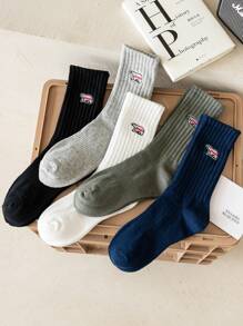 5雙男士卡通小熊刺繡中筒襪 - 彩色 - 查看 1