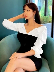 DAZY 雙色前紐扣緊身連衣裙 - 黑與白 - 查看 3