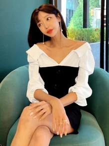 DAZY 雙色前紐扣緊身連衣裙 - 黑與白 - 查看 4