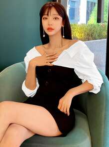 DAZY 雙色前紐扣緊身連衣裙 - 黑與白 - 查看 5