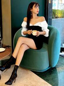 DAZY 雙色前紐扣緊身連衣裙 - 黑與白 - 查看 6