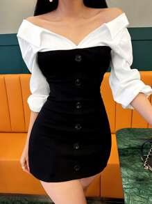 DAZY 雙色前紐扣緊身連衣裙 - 黑與白 - 查看 7