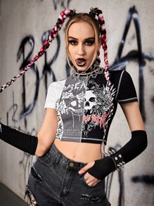 ROMWE PUNK Skull & Letter Graphic Crop Tee - Black and White - View 4